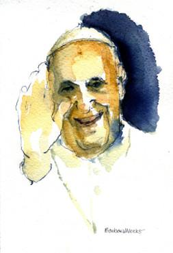Pope Francis waving. RNS art by Barbara Weeks, Chicago, Ill. (Watercolor)
