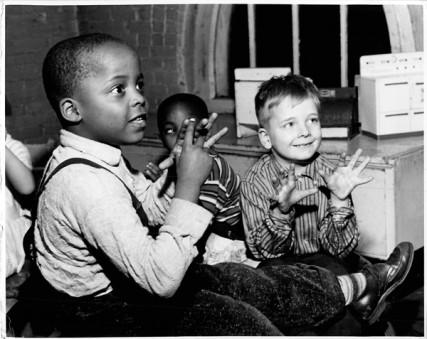 This 1961 archival photo shows “Integration in schools” (location unknown). Religion News Service file photo by Bruce Bailey.