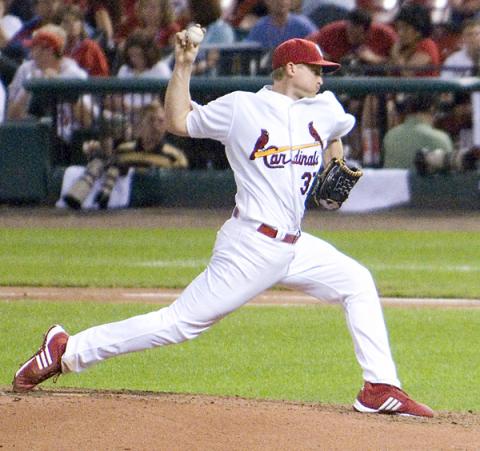 Pitcher Todd Wellemeyer pitches from the mound at Busch Stadium in 2009. Photo courtesy RNS/ Shane Epping. Photo courtesy RNS/ Shane Epping.