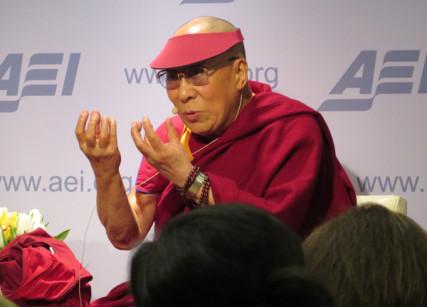 The Dalai Lama, the spiritual leader of Tibetan Buddhism, speaks to the American Enterprise Institute. RNS photo: Lauren Markoe