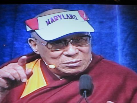 The Dalai Lama delivers the annual Anwar Sadat Lecture for Peace at the university. Photo via RNS.