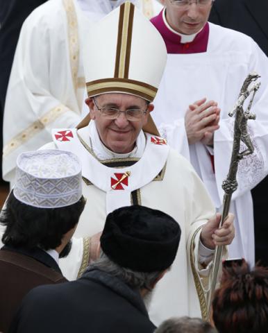 Pope Francis outside the Basilica of St. Francis in Assisi, Italy, Oct. 4. Photo via RNS, by Paul Haring/Catholic News Service.