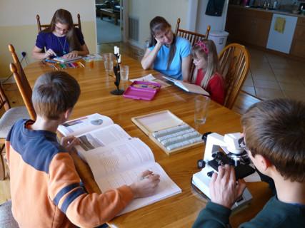 The Romeike family studies around a table at home. Photo courtesy Home School Legal Defense Association. Via RNS