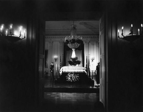 President Kennedy’s casket lies in state in the White House. Photo: Via RNS /Abbie Rowe, court. JFK Presidential Library, Boston