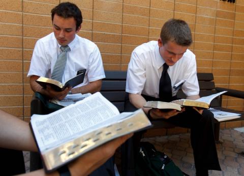 Two students study mormon scriptures at the Missionary Training Center. Photo courtesy Trent Nelson/The Salt Lake Tribune/RNS. Two students study mormon scriptures at the Missionary Training Center. Photo co