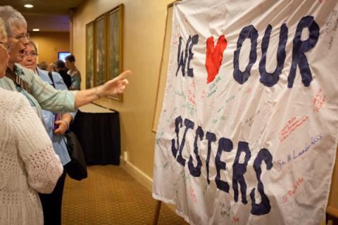 Banner supporting the sisters at the Leadership Conference of Women Religious in St. Louis. RNS photo by Sally Morrow RNS photo by Sally Morrow