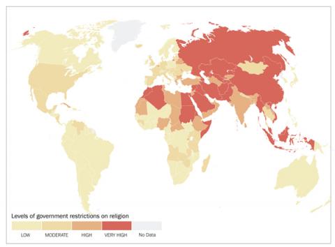 “Levels of government restrictions on religion” map courtesy of Pew Research Center / Via RNS