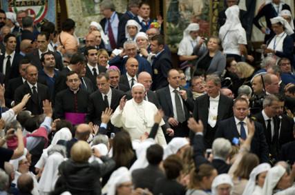 Pope Francis greets people during a meeting with UNITALSI. Photo via RNS/by Alessia Giuliani, courtesy Catholic News Service