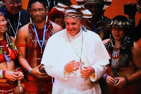 Pope Francis donned a headdress at a ceremony in the city´s grand municipal theater. Photo courtesy RNS. Photo courtesy RNS.