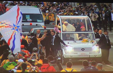 Pope Francis in his popemobile in Brazil for the re-enactment of the Way of the Cross. Photo via Robson Coehlo/RNS