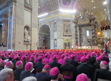 Hundreds of bishops and cardinals look on as Pope Francis formally appoints 19 new cardinals. RNS photo: David Gibson