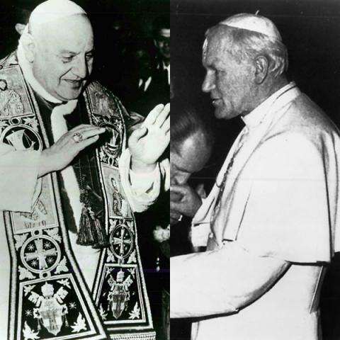 Pope Francis declared on Friday that Popes John Paul II (right) and John XXIII (left) will be made saints. Photo courtesy RNS. Photo courtesy RNS.