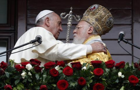 Pope Francis and Ecumenical Patriarch Bartholomew of Constantinople. Photo via Paul Haring / Catholic News Service / RNS.