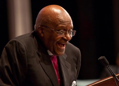 Desmond Tutu at Clowes Hall, Butler University. Photo via RNS/Butler University