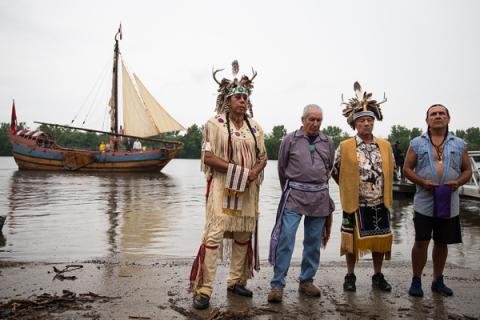 Native leaders stand together at the Hudson river’s edge on Sunday to deliver the Thanksgiving blessing. Photo courtesy RNS. Native leaders stand together at the Hudson river’s edge on Sunday to deliver th