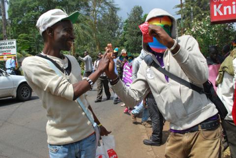 Gay rights activists in Nairobi at a demonstration against Uganda’s Anti-Homosexuality Act. RNS photo by Fredrick Nzwili.