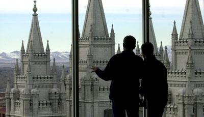Michael Patrick and Eduardo Martins observe Temple Square from observation deck in Salt Lake City, Photo by Jerilee Bennett. Photo by Jerilee Bennett.
