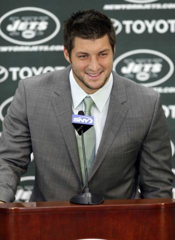 Quarterback Tim Tebow addresses the media on Mar. 26, 2012. RNS photo by Robert Sciarrino/The Star-Ledger RNS photo by Robert Sciarrino/The Star-Ledger