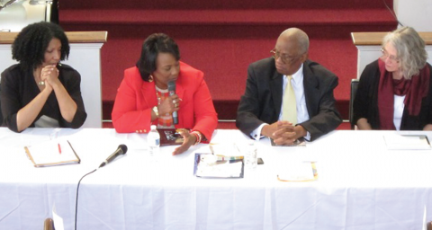 From left, Lisa Sharon Harper, Bernice King, Virgil Wood, and Sharon Watkins discuss faith, race, and the future of the church.