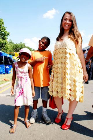 Nora Howell modeling her dress made of crackers