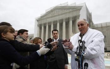 Vernon Bowman speaks outside the Supreme Court following arguments against Monsanto.