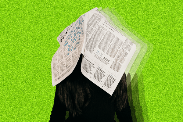 A blurred newspaper covers the head of a figure standing on a green background.