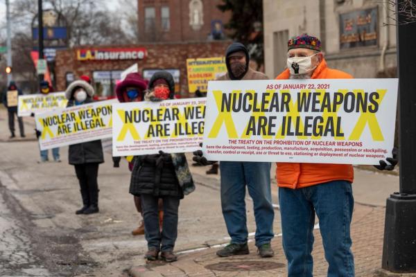 Peace activists rally in suburban Detroit, demanding that the United States sign the Treaty on the Prohibition of Nuclear Weaspons, on Jan. 22, 2021.