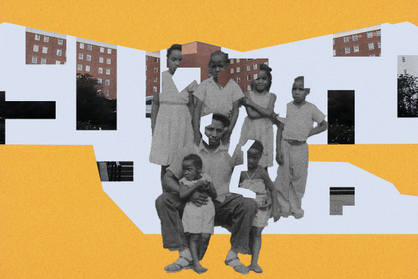 The image is a collage with a yellow background with rectangles showing the sides of an apartment building. In the middle is a black and white image of a Black family of seven. 