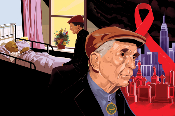 Illustration of peace activism Dan Berrigan's face. He is wearing a golf cap and behind him is the New York City skyline with a red ribbon for AIDS awareness.