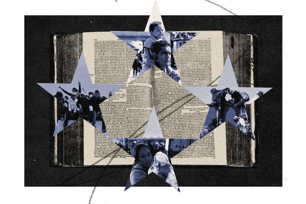 An illustration of a large old book in Gothic print with four stars superimposed over the pages. Each displays photos with blue tinting of immigrant families climbing over or sitting on border fences, as well as parents carrying their children.