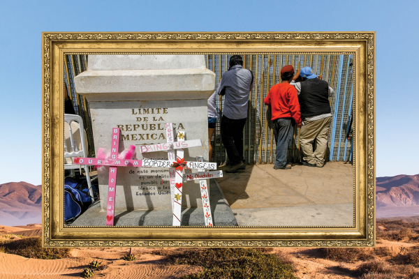 Image of people conversing through the iron border wall at the U.S.-Mexico border floating in a golden frame, overlayed on top of an image of the borderlands.