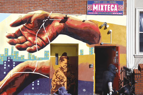 A mural by Michelle Angela Ortiz on the wall of the Mixteca Organization, founded in 2000 in Brooklyn, N.Y., by and for immigrant families.