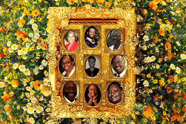 An illustration of a gold picture frame laying atop a field of flowers. The frame contains individual photos of the Mother Emanuel Nine.