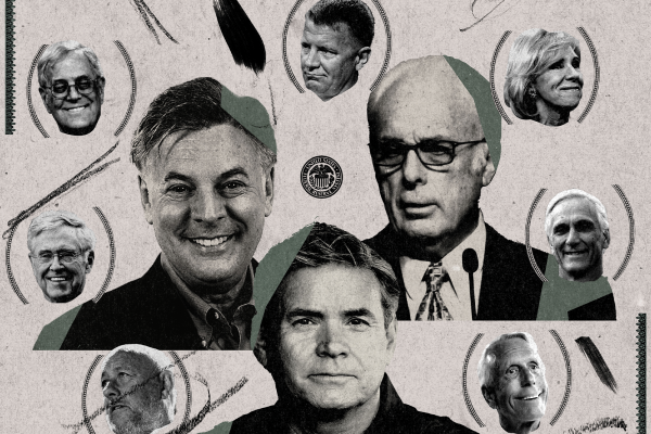 Top row, from left: David Koch, Erik Prince, Betsy DeVos; Middle row: Charles Koch, Lance Wallnau, John Macarthur, Tim Dunn; Bottom row: Farris Wilks, Jack Hibbs, Richard Uihlein