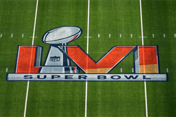 A detailed view of the Super Bowl LVI logo on the field at SoFi Stadium. Kirby Lee-USA TODAY Sports