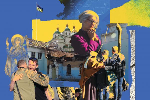 A collage of photographs from the faith delegation in Ukraine. In one corner, a soldier embraces a man. In another, a woman looks into the distance with her hands folded in prayer. In the background are maps of Ukraine.