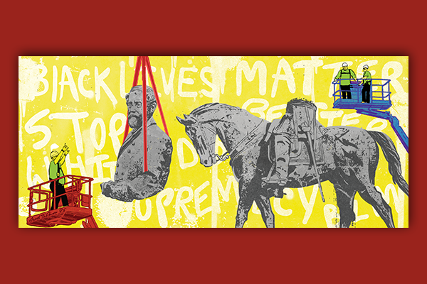 Illustration of a confederate statue being taken apart and lifted.