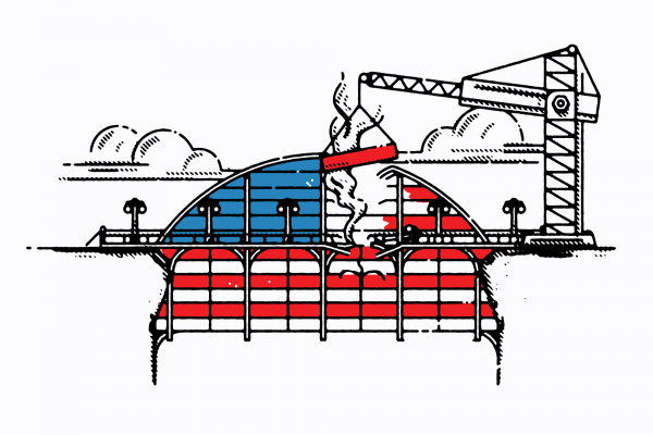 Illustration of a bridge being repaired. The bridge is arched and has the stripes of an American flag.