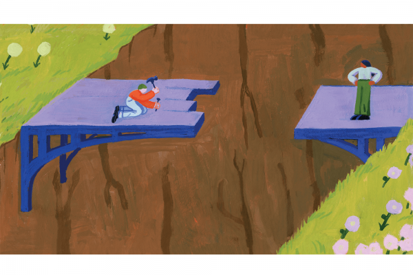 Illustration of two people building a bridge from both sides of a canyon.