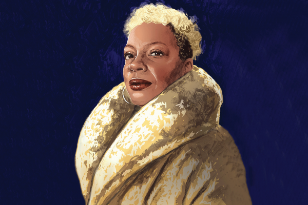 The image is an illustration of the actress Aunjanue Ellis-Taylor, who is a black woman with short blond hair and a large furry coat. 