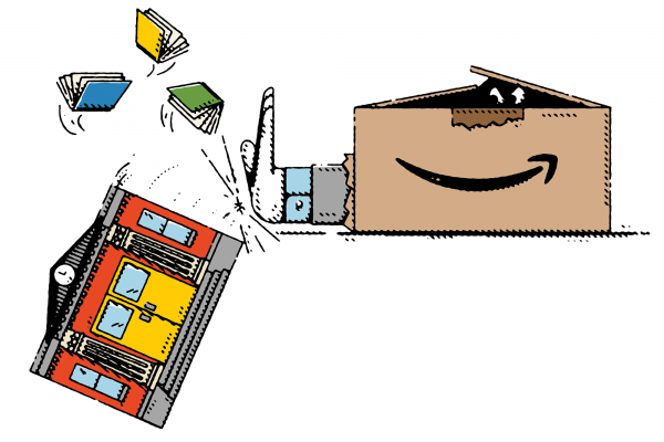 Illustration of a hand sticking out of an Amazon box pushing away a library building with books flying out.