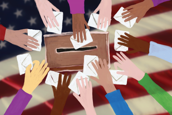 The illustration shows lots of arms with different skin tones reaching out to put their envelopes in a ballot box, with an American flag in the background.  