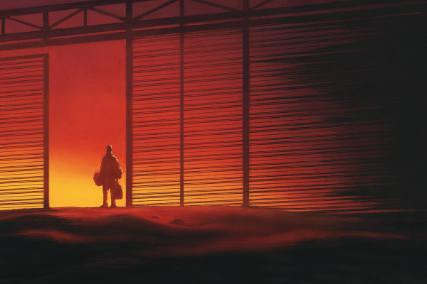 The illustration shows a man holding a suitcase and wearing a backpack standing in the frame of an open prison fence gate, looking out. There is a dark sunset behind him. 