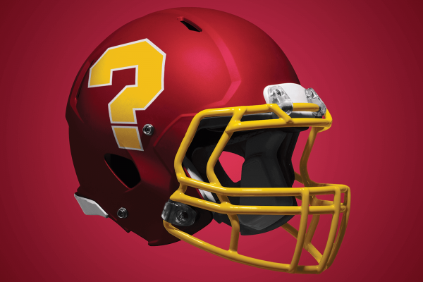 Illustration of a burgundy and gold football helmet with a question mark on the side