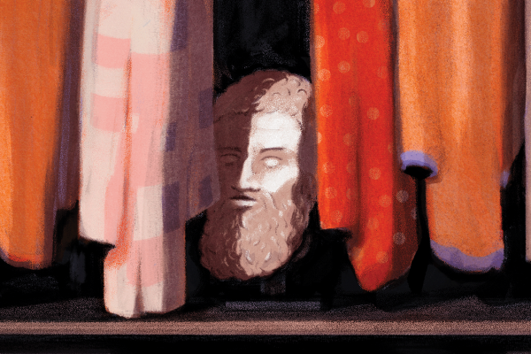 The illustration shows a marble bust of Plato in the back of a closet with clothes hanging in front of it 
