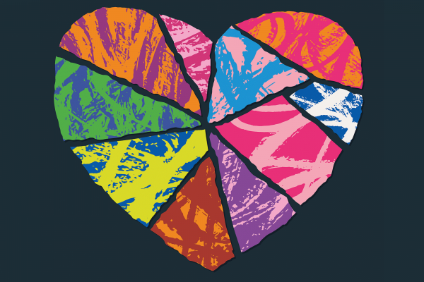 The illustration show a patchwork heart on a dark blue background