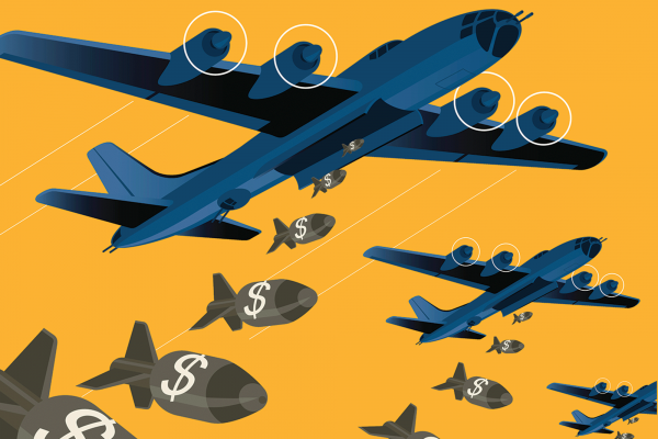 The illustration shows army planes dropping bombs with dollar signs on them. 