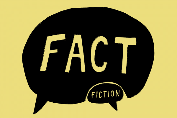 Illustration of a large speech bubble with the word, "fact," covering a smaller speech bubble with the word, "fiction."