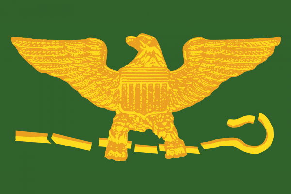 Illustration of a golden American eagle standing above a broken shepherd's crook