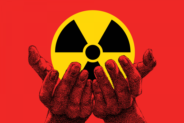 Illustration of hands holding a nuclear radiation symbol as they would a paten
